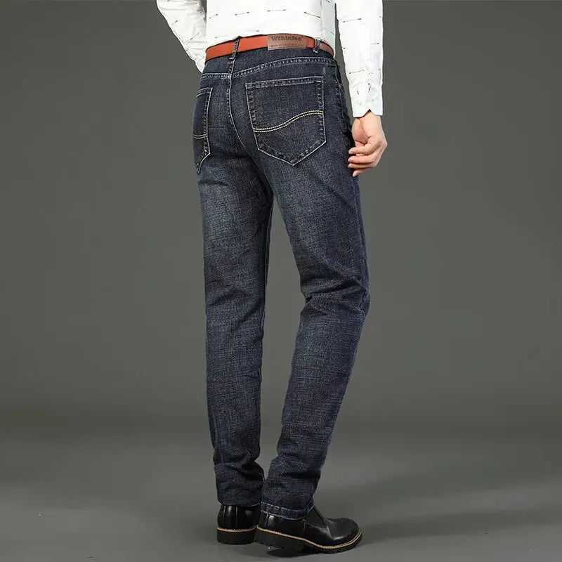 Wthinlee New Business Men's Jeans Casual Straight Stretch Fashion Classic Blue Black Work Denim Pant Trousers Male  Clothing